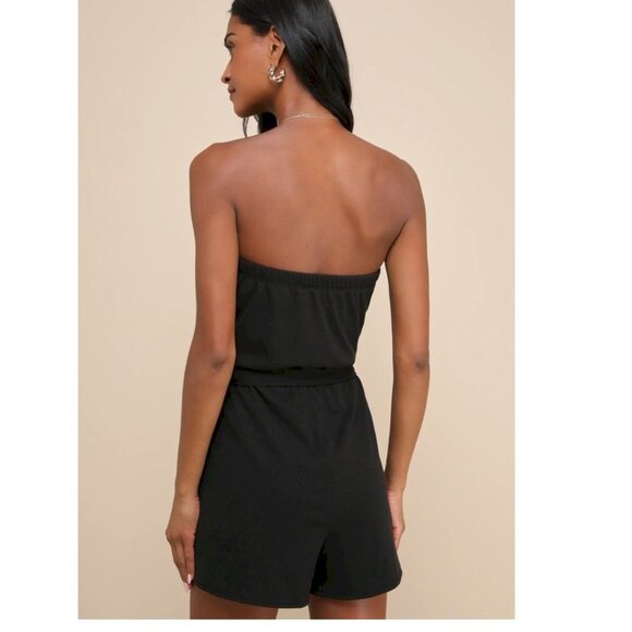 Lulus Leisurely Moments Black Ribbed Knit Strapless Lounge Romper Small NWOT - Picture 2 of 11